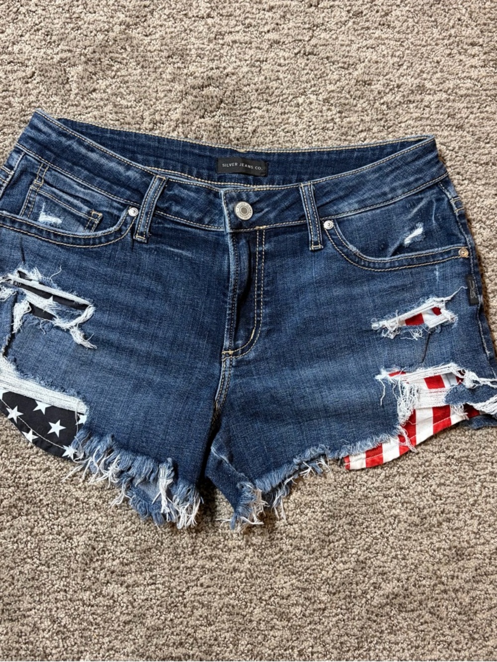 Silver Jeans Blue Distressed Denim Shorts with Flag Insets